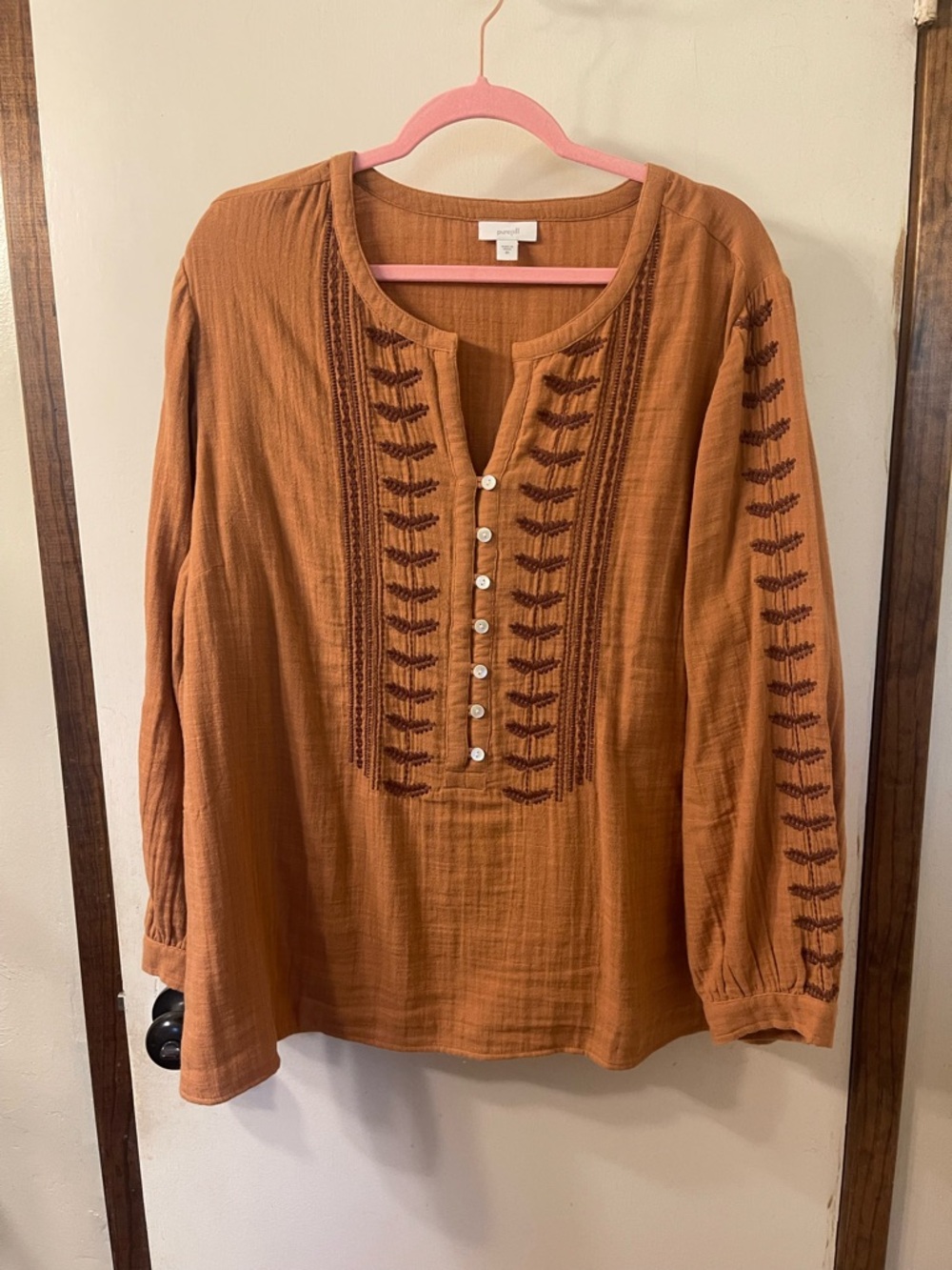 J. Jill Rust Embroidered Button-Front Peasant Blouse Sz. 2X #98